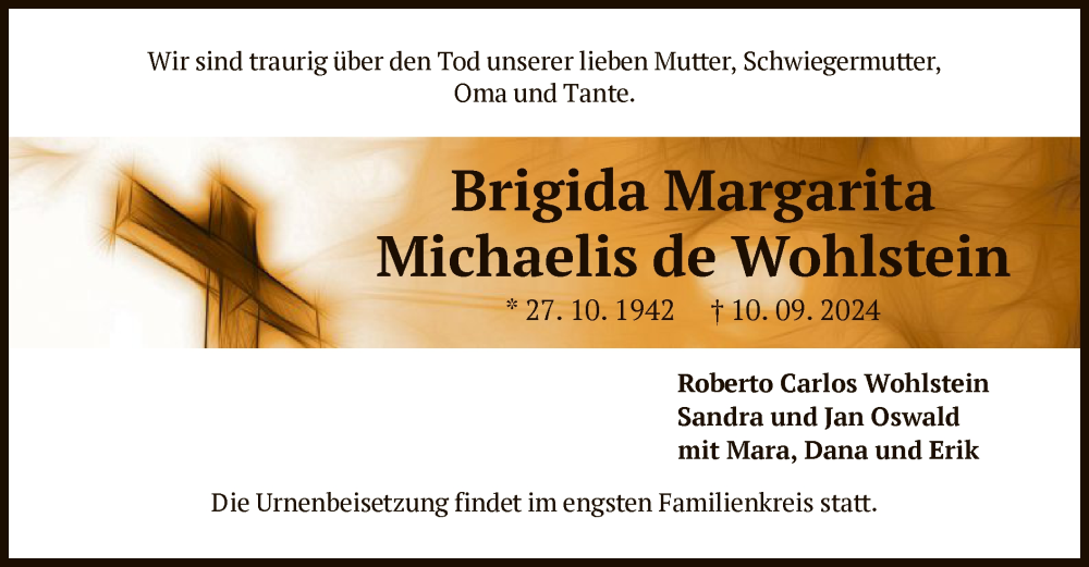  Traueranzeige für Brigida Margarita Michaelis de Wohlstein vom 28.09.2024 aus OF