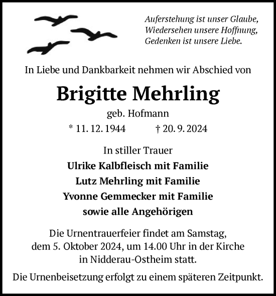 Traueranzeige von Brigitte Mehrling von OF