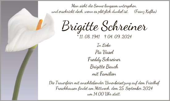 Traueranzeige von Brigitte Schreiner von OF