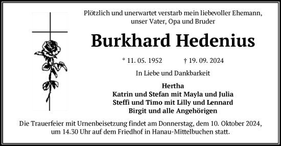 Traueranzeige von Burkhard Hedenius von OF