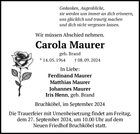 Traueranzeige von Carola Maurer von OF