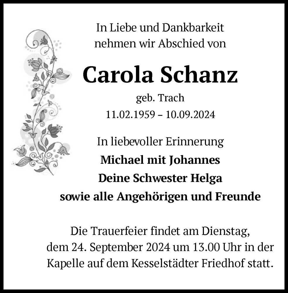  Traueranzeige für Carola Schanz vom 21.09.2024 aus OF