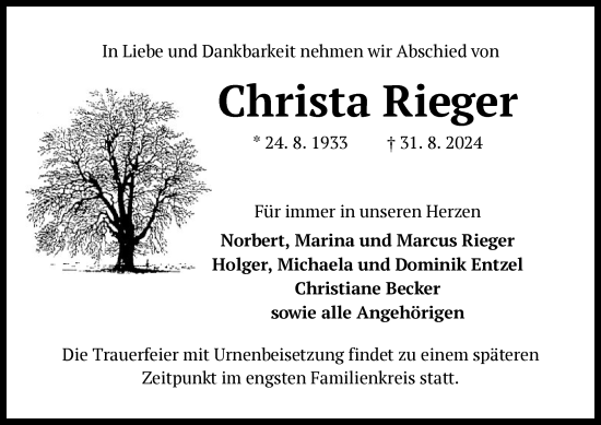 Traueranzeige von Christa Rieger von OF