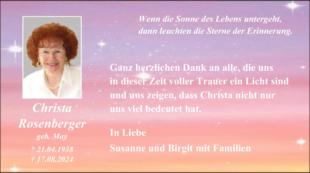  Traueranzeige für Christa Rosenberger vom 14.09.2024 aus OF