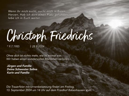 Traueranzeige von Christoph Friedrichs von OF