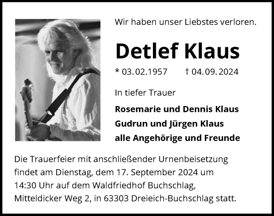 Traueranzeige von Detlef Klaus von OF