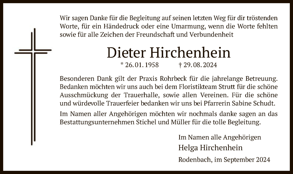  Traueranzeige für Dieter Hirchenhein vom 21.09.2024 aus OF