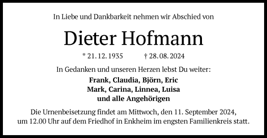 Traueranzeige von Dieter Hofmann von OF