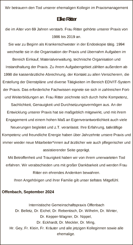 Traueranzeige von Elke Ritter von OF