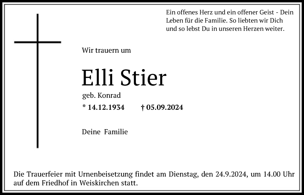  Traueranzeige für Elli Stier vom 21.09.2024 aus OF
