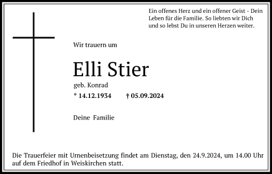 Traueranzeige von Elli Stier von OF