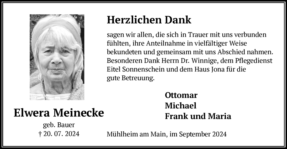  Traueranzeige für Elwera Meinecke vom 07.09.2024 aus OF