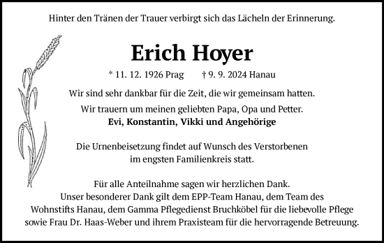Traueranzeige von Erich Hoyer von OF