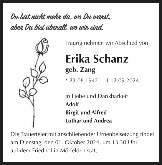 Traueranzeige von Erika Schanz von OF