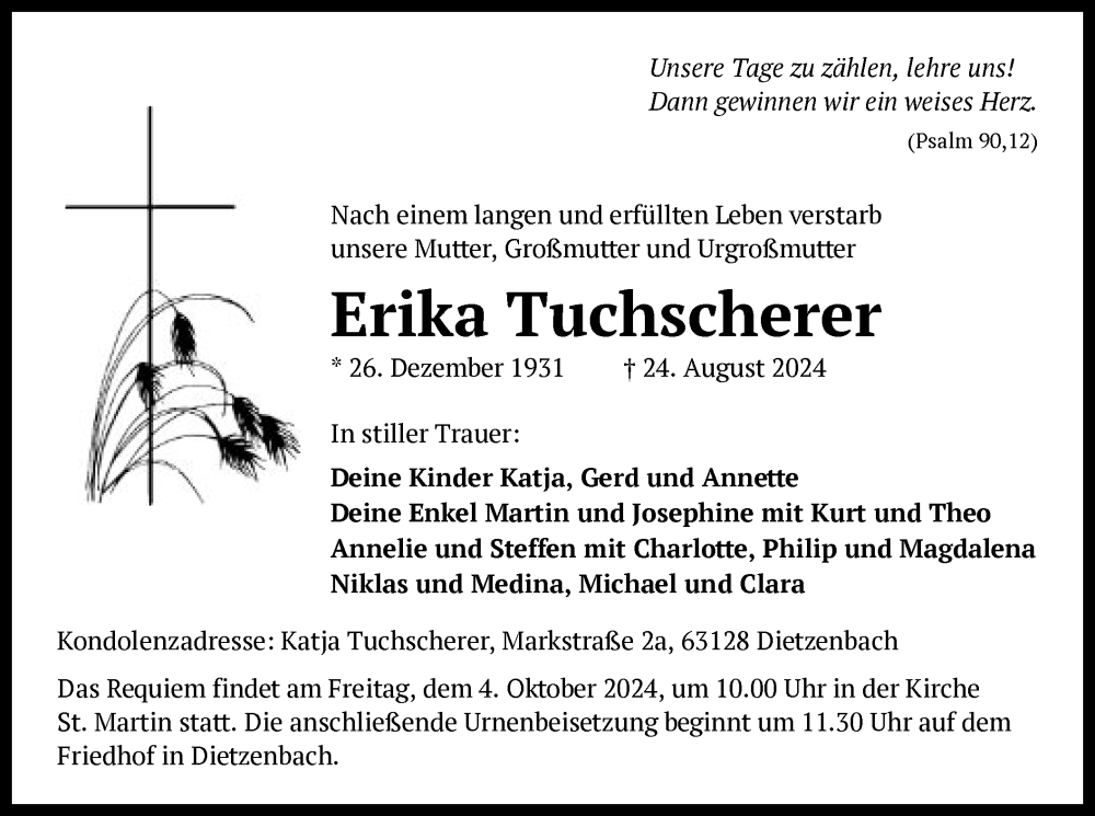  Traueranzeige für Erika Tuchscherer vom 14.09.2024 aus OF