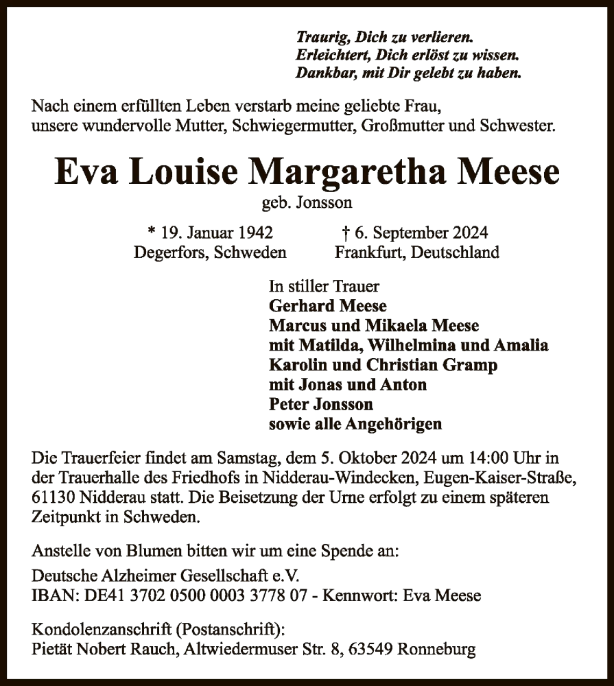  Traueranzeige für Eva Louise Margaretha Meese vom 21.09.2024 aus OF
