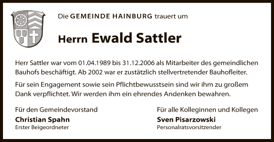 Traueranzeige von Ewald Sattler von OF