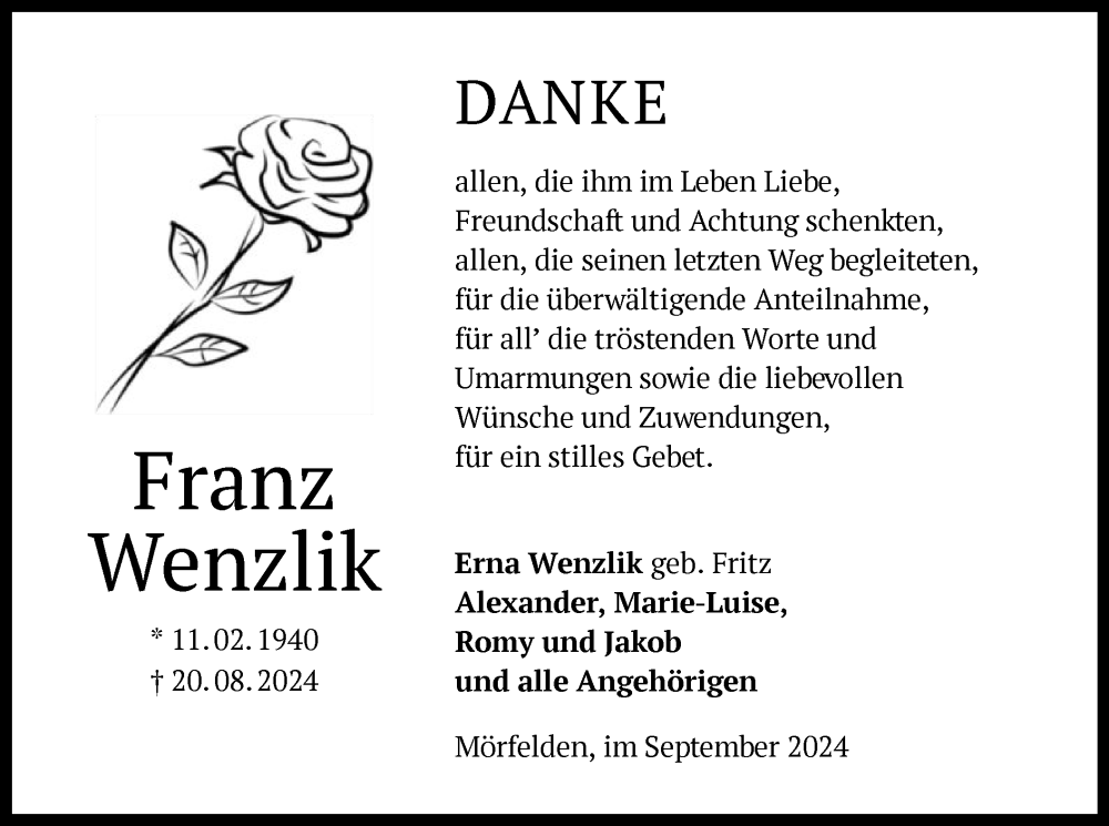  Traueranzeige für Franz Wenzlik vom 06.09.2024 aus OF