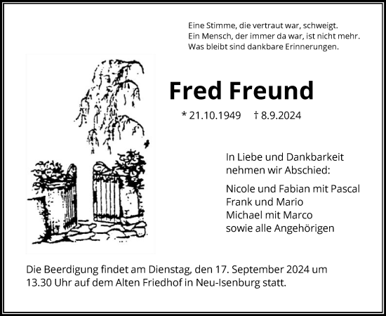 Traueranzeige von Fred Freund von OF