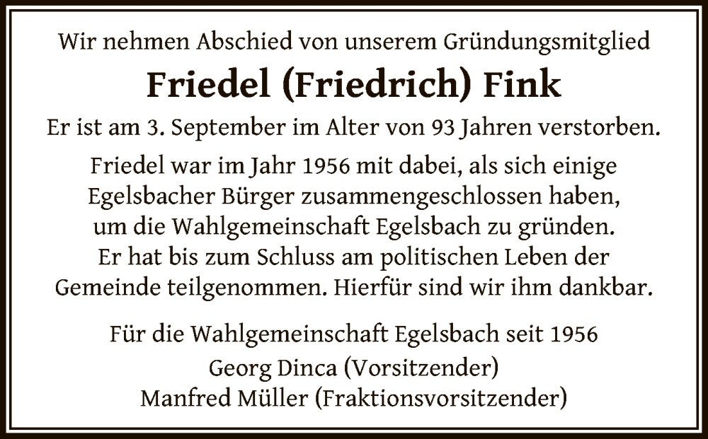  Traueranzeige für Friedel Fink vom 14.09.2024 aus OF