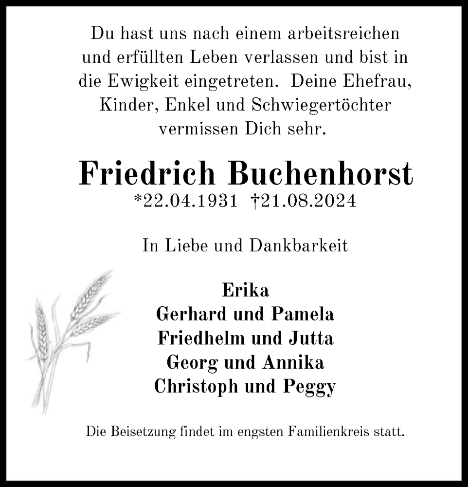  Traueranzeige für Friedrich Buchenhorst vom 07.09.2024 aus OF