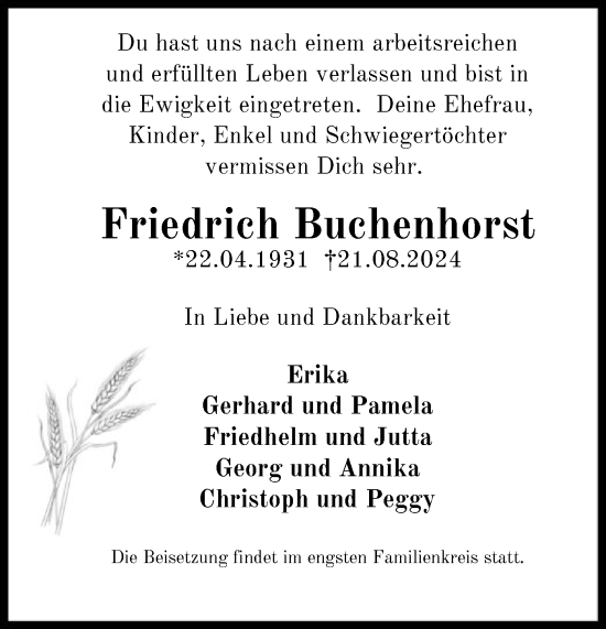 Traueranzeige von Friedrich Buchenhorst von OF