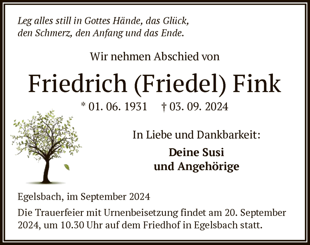  Traueranzeige für Friedrich Fink vom 14.09.2024 aus OF