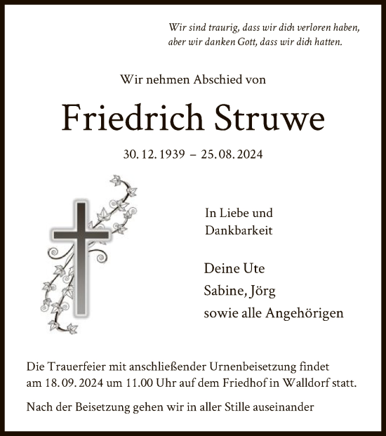 Traueranzeige von Friedrich Struwe von OF