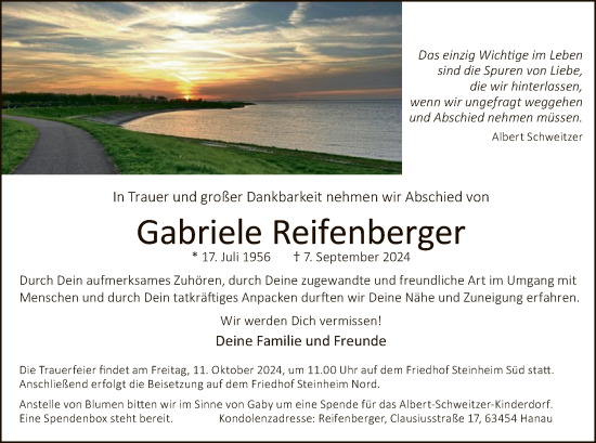 Traueranzeige von Gabriele Reifenberger von OF