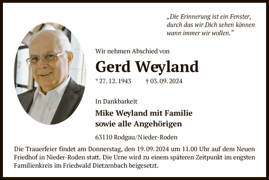 Traueranzeige von Gerd Weyland von OF