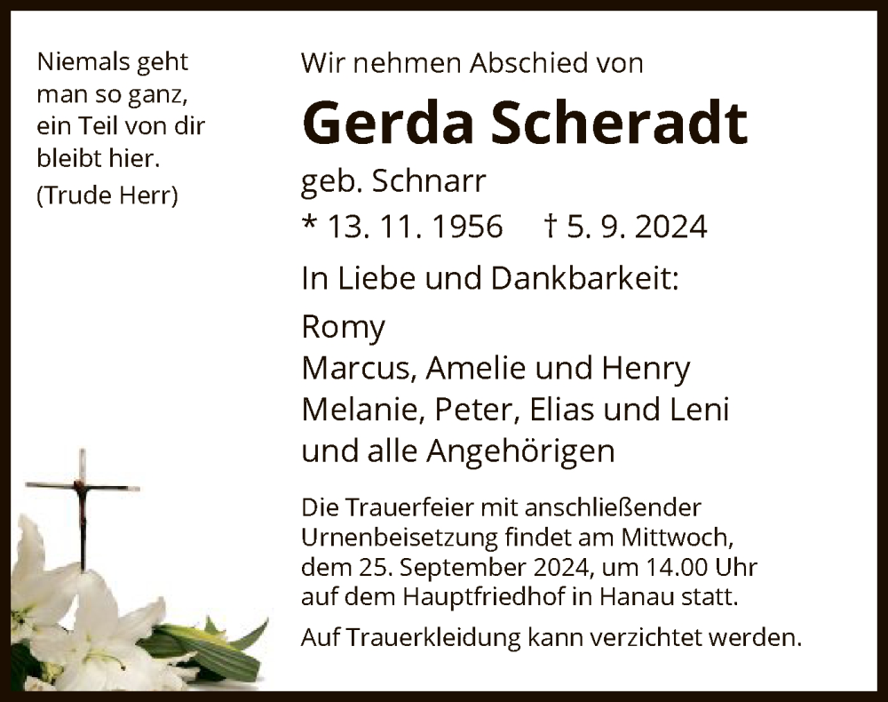  Traueranzeige für Gerda Scheradt vom 14.09.2024 aus OF