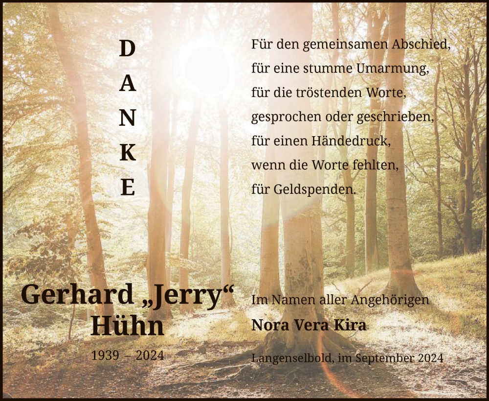  Traueranzeige für Gerhard Hühn vom 21.09.2024 aus OF