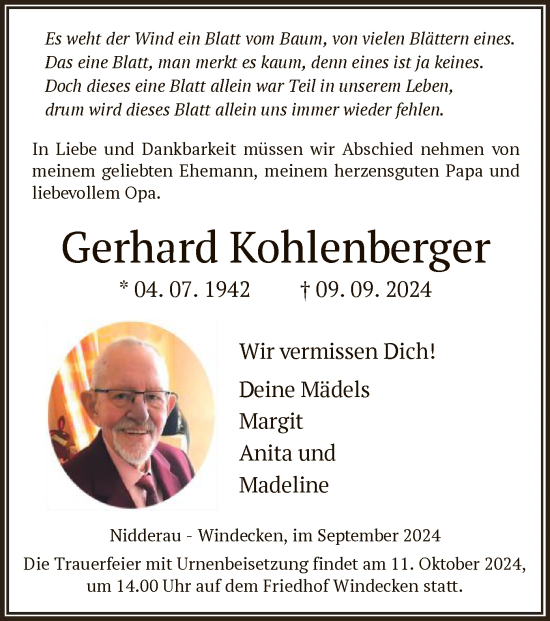 Traueranzeige von Gerhard Kohlenberger von OF