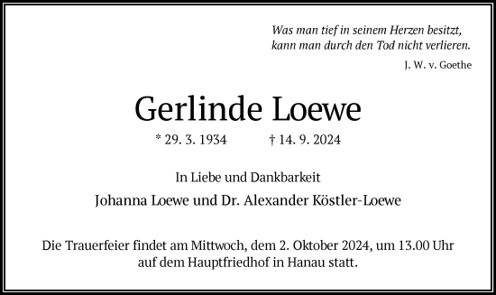 Traueranzeige von Gerlinde Loewe von OF
