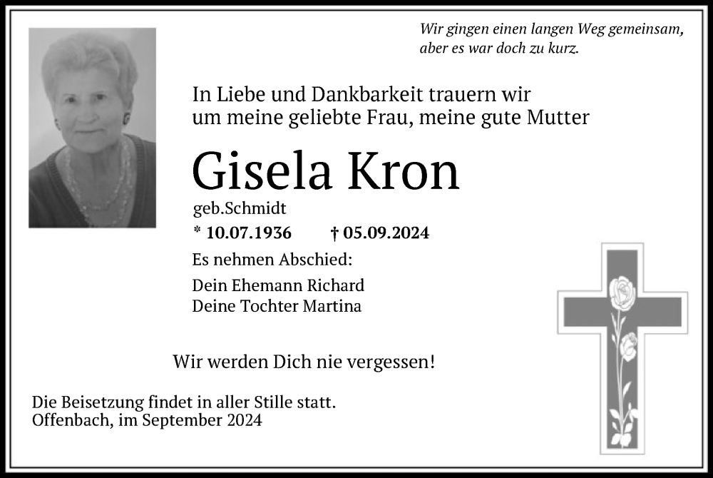  Traueranzeige für Gisela Kron vom 14.09.2024 aus OF