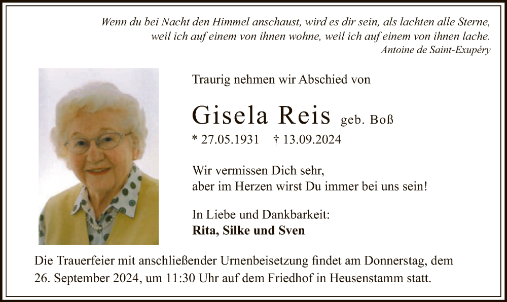 Traueranzeige für Gisela Reis vom 21.09.2024 aus OF