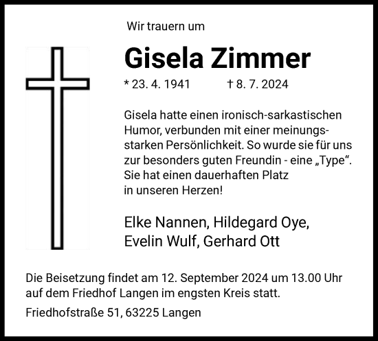 Traueranzeige von Gisela Zimmer von OF