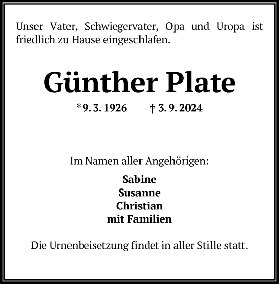 Traueranzeige von Günther Plate von OF
