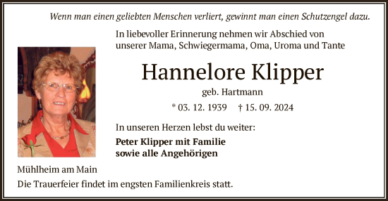 Traueranzeige von Hannelore Klipper von OF