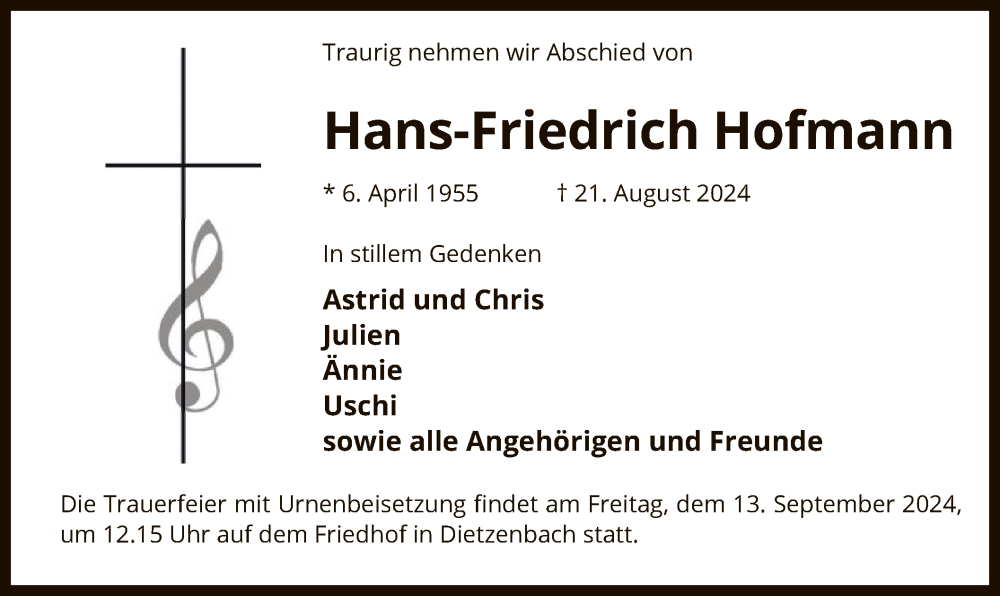  Traueranzeige für Hans-Friedrich Hofmann vom 07.09.2024 aus OF