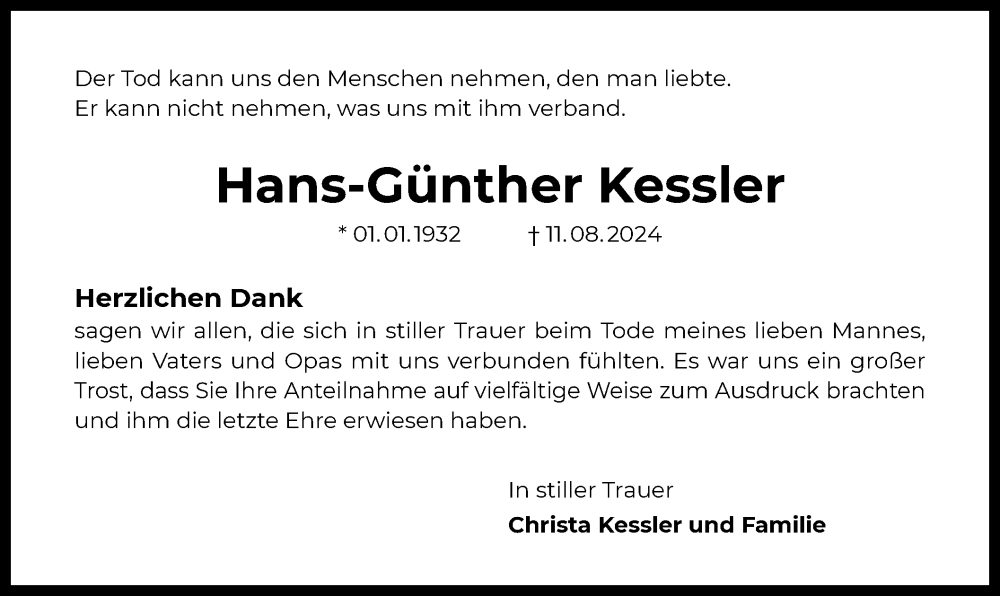  Traueranzeige für Hans-Günther Kessler vom 13.09.2024 aus OF