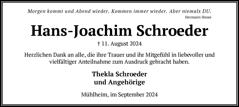  Traueranzeige für Hans-Joachim Schroeder vom 07.09.2024 aus OF