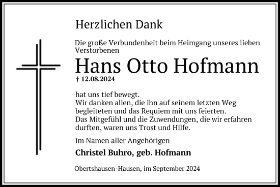 Traueranzeige von Hans Otto Hofmann von OF
