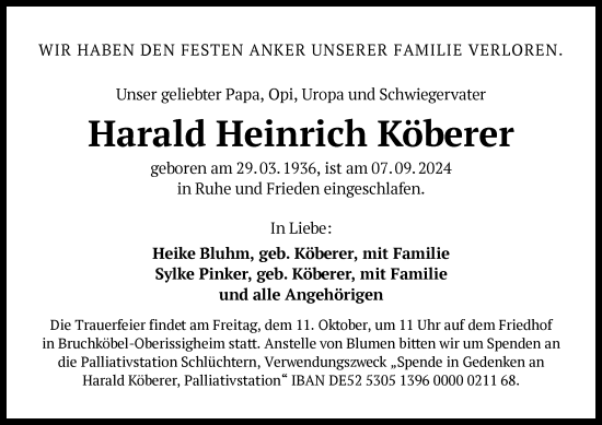 Traueranzeige von Harald Heinrich Köberer von OF