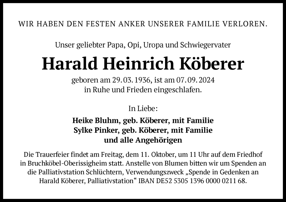  Traueranzeige für Harald Heinrich Köberer vom 28.09.2024 aus OF
