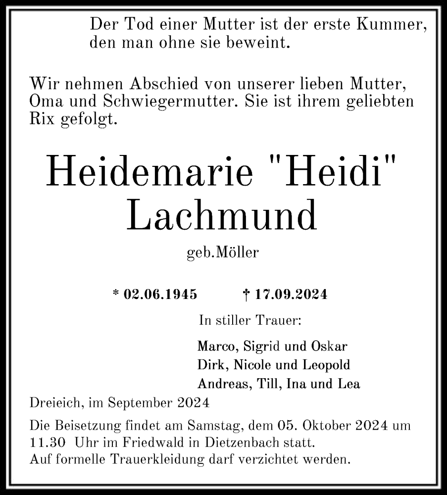  Traueranzeige für Heidemarie Lachmund vom 28.09.2024 aus OF