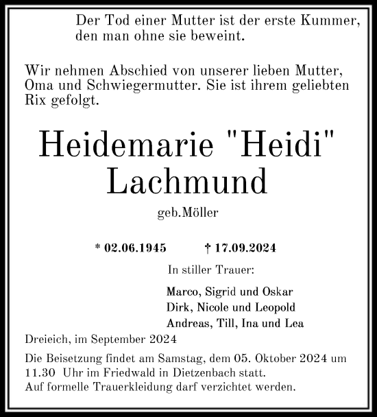 Traueranzeige von Heidemarie Lachmund von OF