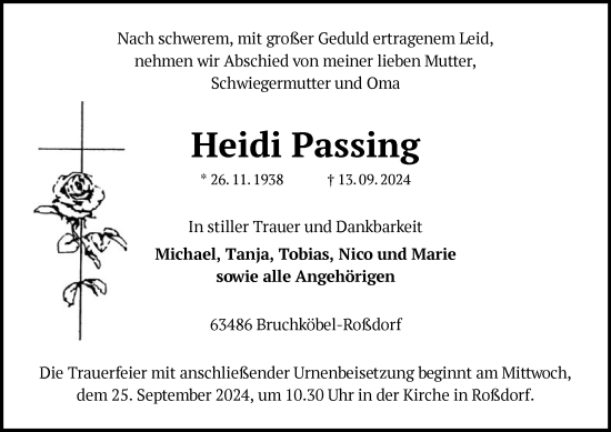 Traueranzeige von Heidi Passing von OF