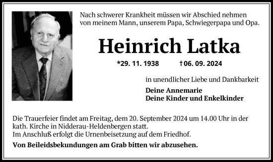 Traueranzeige von Heinrich Latka von OF