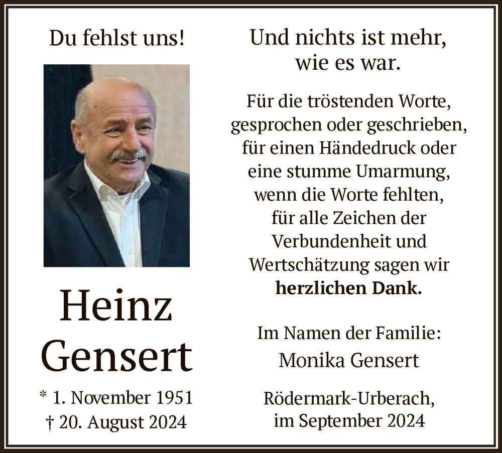  Traueranzeige für Heinz Gensert vom 14.09.2024 aus OF